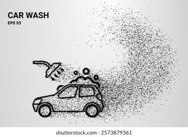 A car wash depicted with small circles and dots, with particles swirling around it. Vector illustration.