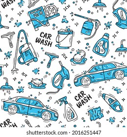 Car wash and detaling seamless pattern with icons in the Doodle style, hand drawing. Auto with high-pressure washer and vacuum cleaner.