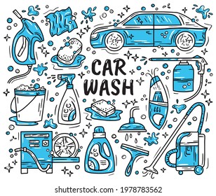 Car wash and detaling set of icons in the Doodle style, hand drawing. Auto with high-pressure washer and vacuum cleaner.