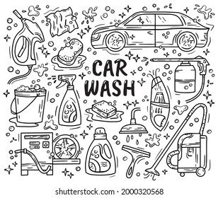 Car Wash And Detaling Set Of Icons In The Doodle Style, Hand Drawing. Auto With High-pressure Washer And Vacuum Cleaner.