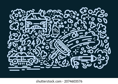 Car wash doodle pattern. Cartoon lines cleaning and cleaning of transport. The pattern for the auto washing service is a poster. Vector illustration