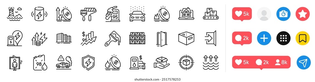 Car wash, Elevator and Hold box line icons pack. Social media icons. Brush, Realtor, Parcel tracking web icon. Charge battery, Exhaust, Open door pictogram. Exit, Buildings, Evaporation. Vector