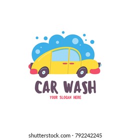 Car wash emblem. Vector illustration in cartoon style. Small passenger car in the bubbles of foam and drops of water on the wash.