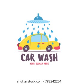 Car wash emblem. Vector illustration in cartoon style. Small passenger car in the  drops of water on the wash.