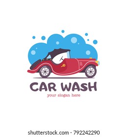 Car wash emblem. Vector illustration in cartoon style. Small passenger retro car in the bubbles of foam and drops of water on the wash.