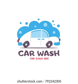 Car wash emblem. Vector illustration in cartoon style. Small passenger car in the bubbles of foam and drops of water on the wash.