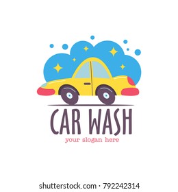 Car wash emblem. Vector illustration in cartoon style. Small passenger car in the bubbles of foam and drops of water on the wash.