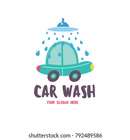 Car wash emblem. Vector illustration in cartoon style. Small passenger car in the  drops of water on the wash.