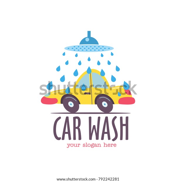 Car wash emblem.\
Vector illustration in cartoon style. Small passenger car in the \
drops of water on the\
wash.