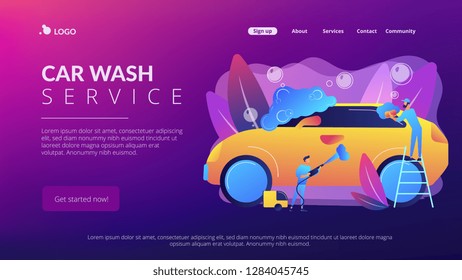 Car wash employees washing the exterior of the car with equipment and foam. Car wash service, vehicle cleaning market, carwash self-serve concept. Website vibrant violet landing web page template.