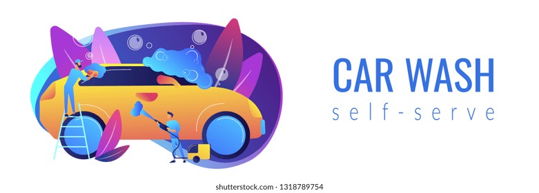 Car wash employees washing the exterior of the car with equipment and foam. Car wash service, vehicle cleaning market, carwash self-serve concept. Header or footer banner template with copy space.