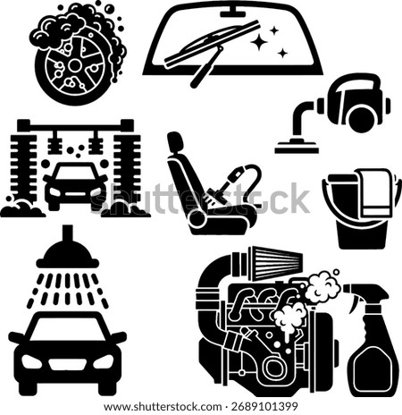 Car Wash, Engine Cleaning, and Detailing Icon Set