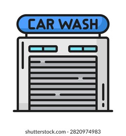 Car Wash Facility Icon with Blue Signage and Grey Garage Door, Minimalist Vector Illustration for Automotive Services and Maintenance Concepts on White Background