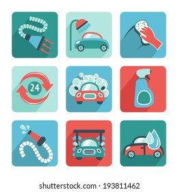 Car wash flat auto cleaner washer shower service isolated icons vector illustration