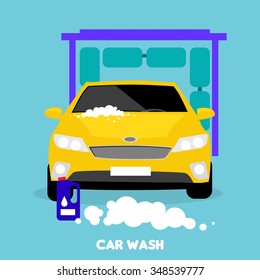 Car wash flat concept icon. Auto service clean, cleaning and washing, automobile and water, shower automotive, transport and transportation illustration
