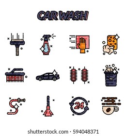 Car wash flat icons set