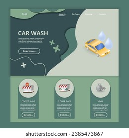 Car wash flat landing page website template. Coffee shop, flower shop, gym. Web banner with header, content and footer. Vector illustration.