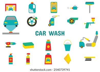 Car Wash Flat Vector Illustration Icon Sticker Set Design Materials