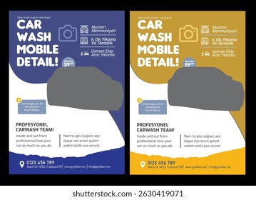 Projeto de panfleto de lavagem de carro. Modelo de cartaz do serviço de reparo automotivo. Projeto de folheto de serviço de detalhamento automático Modelo de serviço de reparação e limpeza de automóveis para marketing digital. Barramento de lavagem de veículos modernos