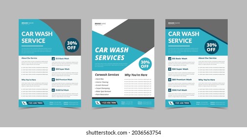 Car wash flyer design template bundle. Car wash and detailing service poster leaflet design bundle. Flyer design 3 in 1 template bundle