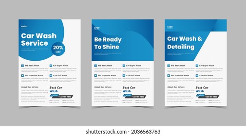 Car wash flyer design template bundle. Car wash and detailing service poster leaflet design bundle. Flyer design 3 in 1 template bundle