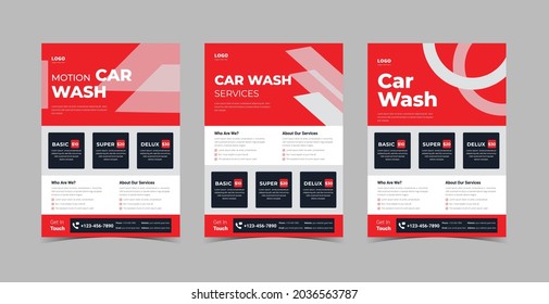 Car wash flyer design template bundle. Car wash and detailing service poster leaflet design bundle. Flyer design 3 in 1 template bundle