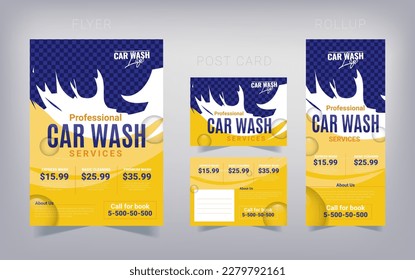 Car Wash Flyer Design Template, Car Cleaning Service flyer, Washing flyer, Car wash post card, Automobile Rollup Stand, Postcard template, Standee Design set design