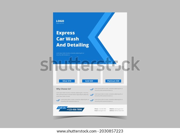Car wash flyer design template. Express\
car wash service poster leaflet design. Automobile detailing\
service and car wash service flyer design\
template\
