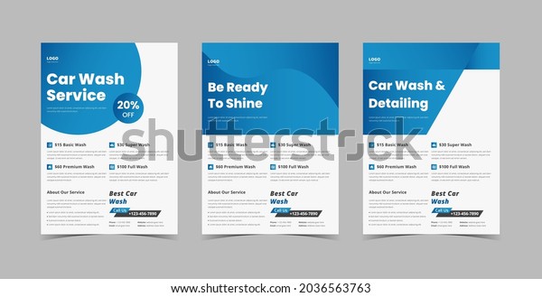 Car wash flyer design template bundle. Car wash\
and detailing service poster leaflet design bundle. Flyer design 3\
in 1 template bundle