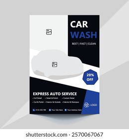 Car wash flyer template featuring bold colors, modern layout, and clean design. Perfect for promoting car wash services or auto detailing businesses. Editable text and graphics for easy customization.