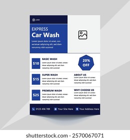 Car wash flyer template featuring bold colors, modern layout, and clean design. Perfect for promoting car wash services or auto detailing businesses. Editable text and graphics for easy customization.