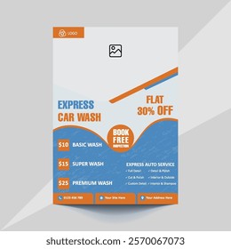 Car wash flyer template featuring bold colors, modern layout, and clean design. Perfect for promoting car wash services or auto detailing businesses. Editable text and graphics for easy customization.