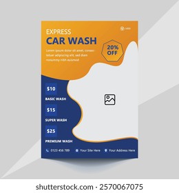 Car wash flyer template featuring bold colors, modern layout, and clean design. Perfect for promoting car wash services or auto detailing businesses. Editable text and graphics for easy customization.