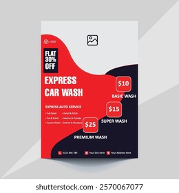 Car wash flyer template featuring bold colors, modern layout, and clean design. Perfect for promoting car wash services or auto detailing businesses. Editable text and graphics for easy customization.