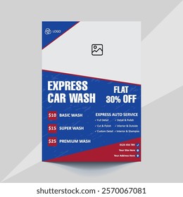 Car wash flyer template featuring bold colors, modern layout, and clean design. Perfect for promoting car wash services or auto detailing businesses. Editable text and graphics for easy customization.