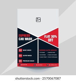 Car wash flyer template featuring bold colors, modern layout, and clean design. Perfect for promoting car wash services or auto detailing businesses. Editable text and graphics for easy customization.