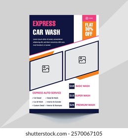 Car wash flyer template featuring bold colors, modern layout, and clean design. Perfect for promoting car wash services or auto detailing businesses. Editable text and graphics for easy customization.