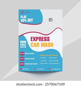 Car wash flyer template featuring bold colors, modern layout, and clean design. Perfect for promoting car wash services or auto detailing businesses. Editable text and graphics for easy customization.