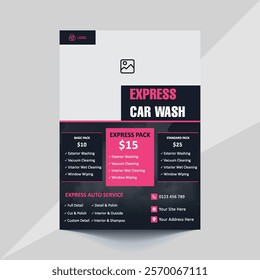 Car wash flyer template featuring bold colors, modern layout, and clean design. Perfect for promoting car wash services or auto detailing businesses. Editable text and graphics for easy customization.