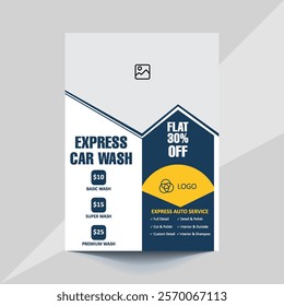 Car wash flyer template featuring bold colors, modern layout, and clean design. Perfect for promoting car wash services or auto detailing businesses. Editable text and graphics for easy customization.