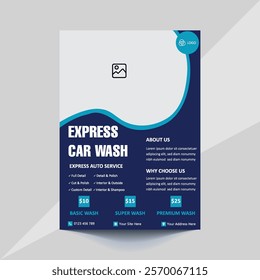 Car wash flyer template featuring bold colors, modern layout, and clean design. Perfect for promoting car wash services or auto detailing businesses. Editable text and graphics for easy customization.