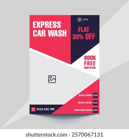 Car wash flyer template featuring bold colors, modern layout, and clean design. Perfect for promoting car wash services or auto detailing businesses. Editable text and graphics for easy customization.