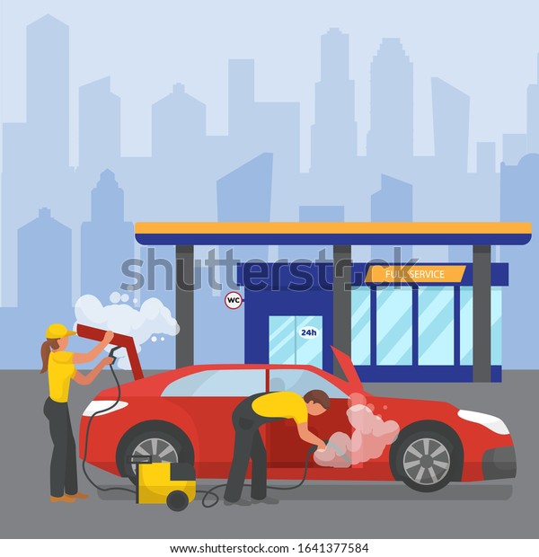 Car wash full\
service around the clock city station vector illustration flat.\
People workers man and woman in uniform cleaning car interior.\
Urban buildings\
background.