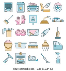 Car wash garage icon set. Outline set of car wash garage vector icons thin line color flat on white