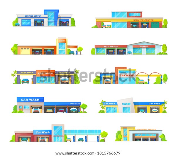 Car wash and garage station service buildings vector\
icons. Vehicle mechanic repair workshop station, automatic\
transportation carwash services buildungs and trees isolated\
cartoon exterior design\
set