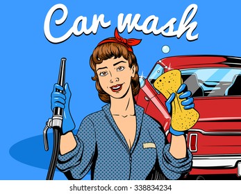 Car wash girl comic book retro pop art style vector illustration