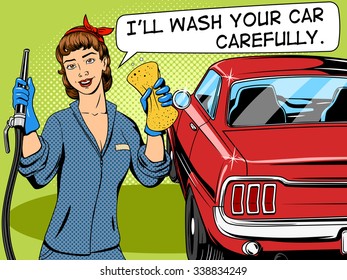 Car wash girl comic book retro pop art style vector illustration