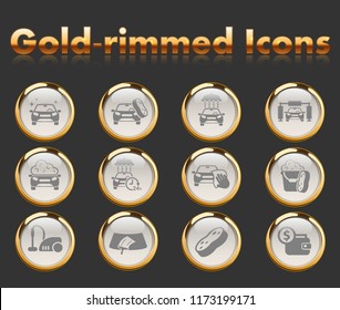 car wash gold-rimmed vector icons with black background