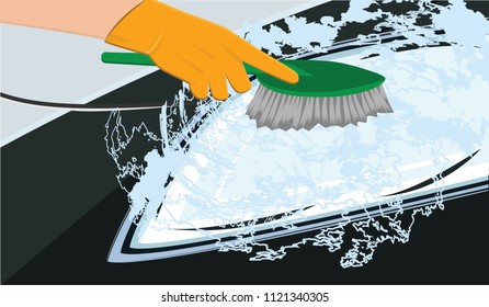 Car wash - Hand in rubber glove with a brush washes the headlight of the machine - vector art