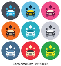 Car wash icon. Automated teller carwash symbol. Water drops signs. Colored round buttons. Flat design circle icons set. Vector
